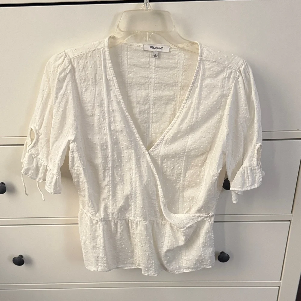 Madewell White Textured Wrap Peplum Blouse